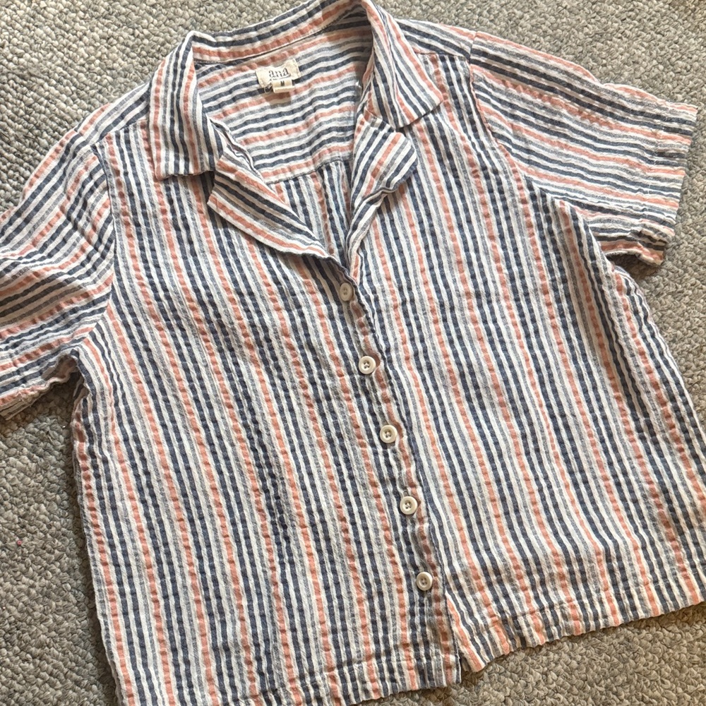 a.n.a Striped Short Sleeve Shirt in Blue, Coral & Cream